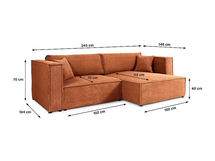 Canapé d'angle réversible convertible 3 places Jimmy velours côtelé Terracotta