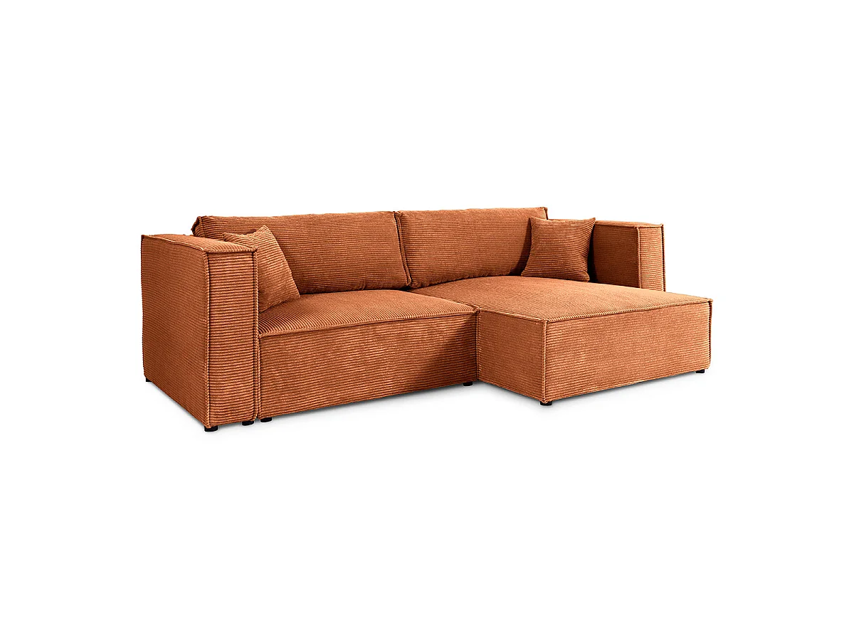 Canapé d'angle convertible 3 places en velours côtelé terracotta