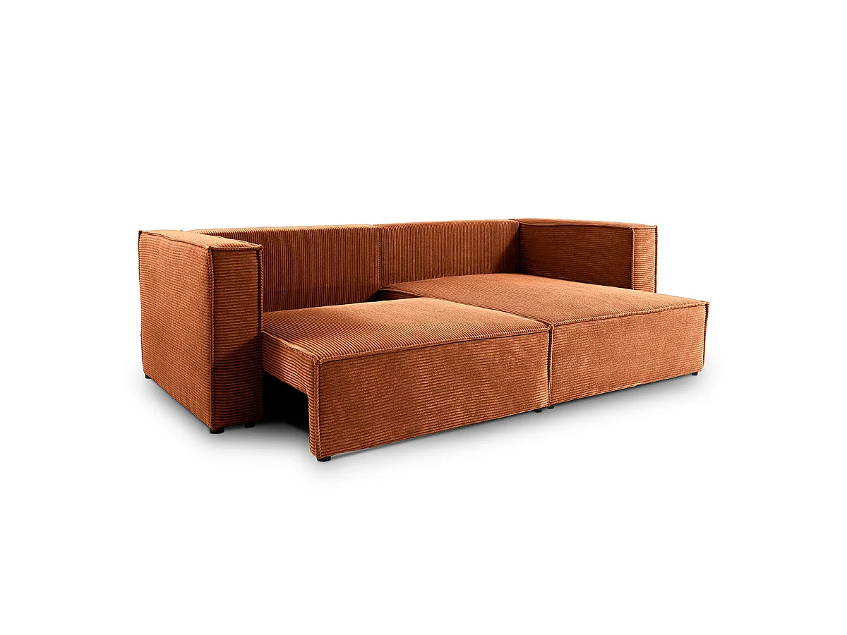 Canapé d'angle convertible 3 places en velours côtelé terracotta