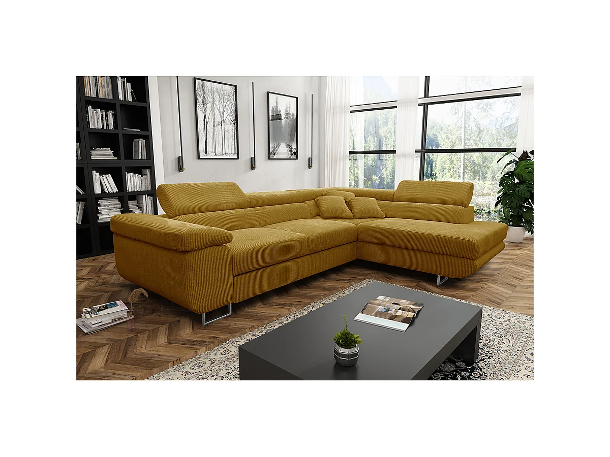 Canapé d'angle convertible droit 4 places coffre Martin velours côtelé Jaune