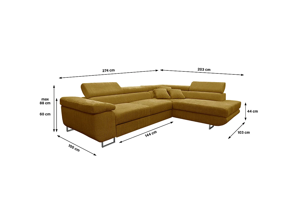 Canapé d'angle convertible droit 4 places coffre Martin velours côtelé Jaune