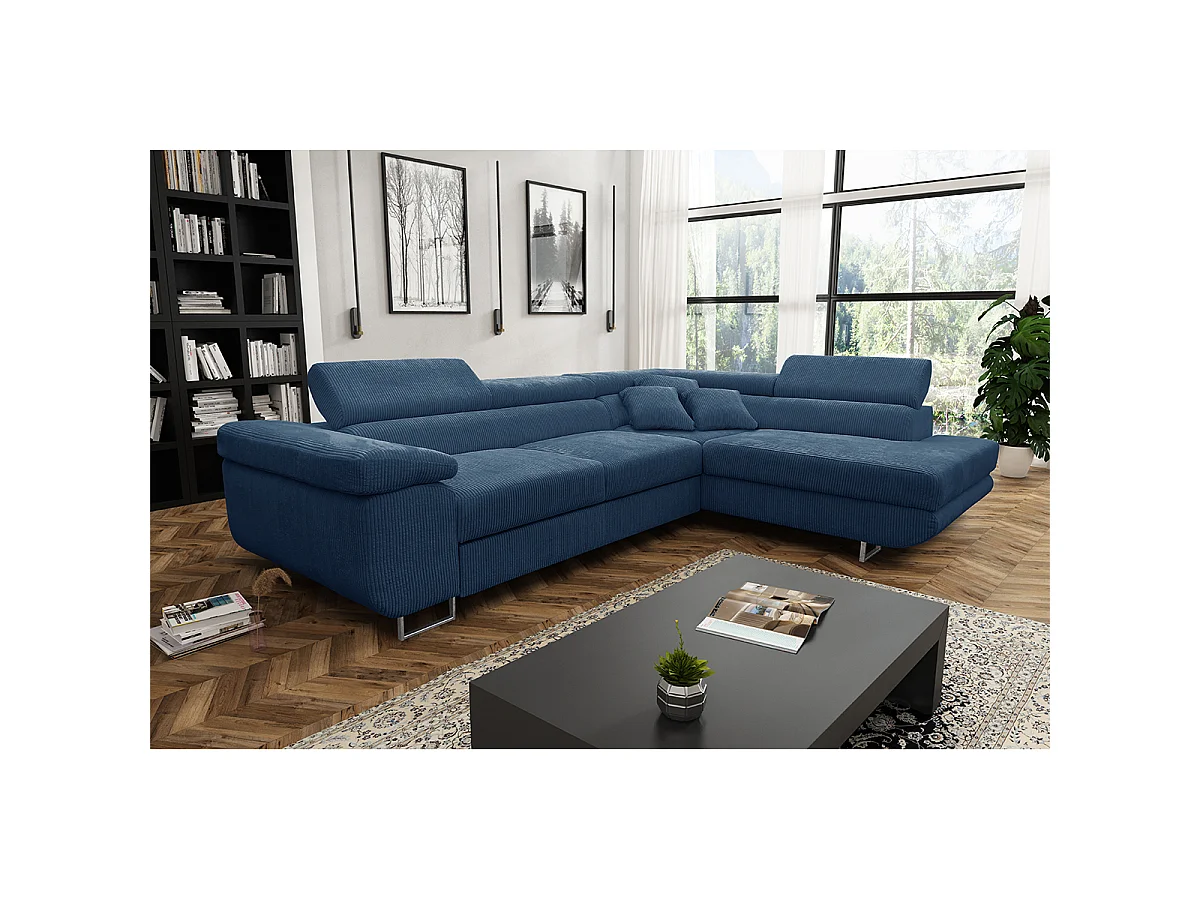 Canapé d'angle convertible droit 4 places coffre Martin velours côtelé Bleu