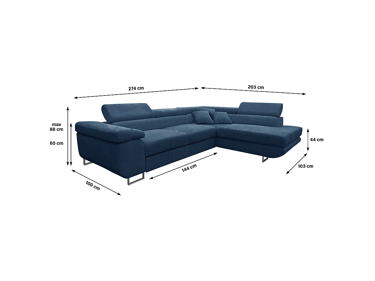 Canapé d'angle convertible droit 4 places coffre Martin velours côtelé Bleu