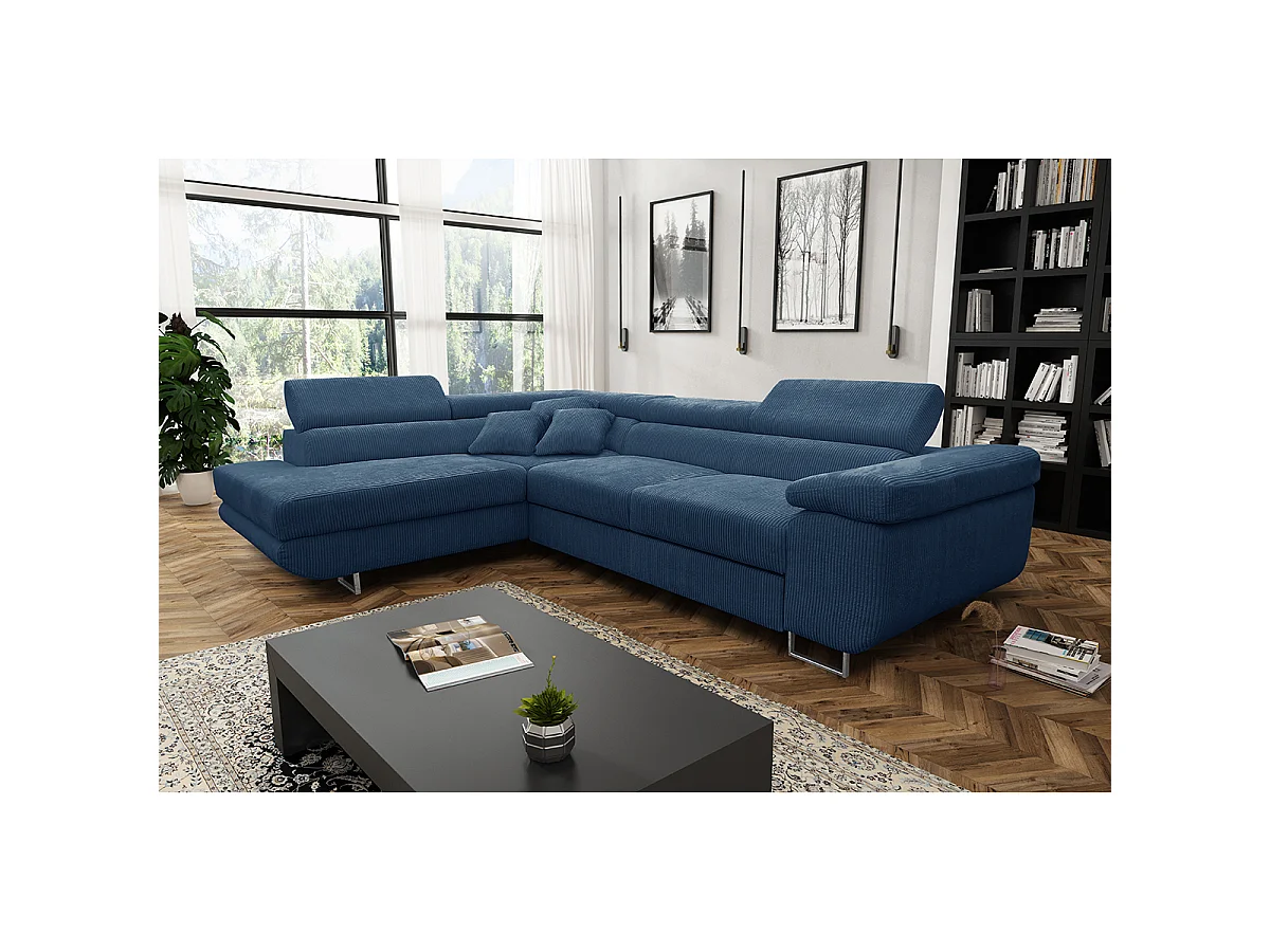 Canapé d'angle convertible gauche 4 places coffre Martin velours côtelé Bleu