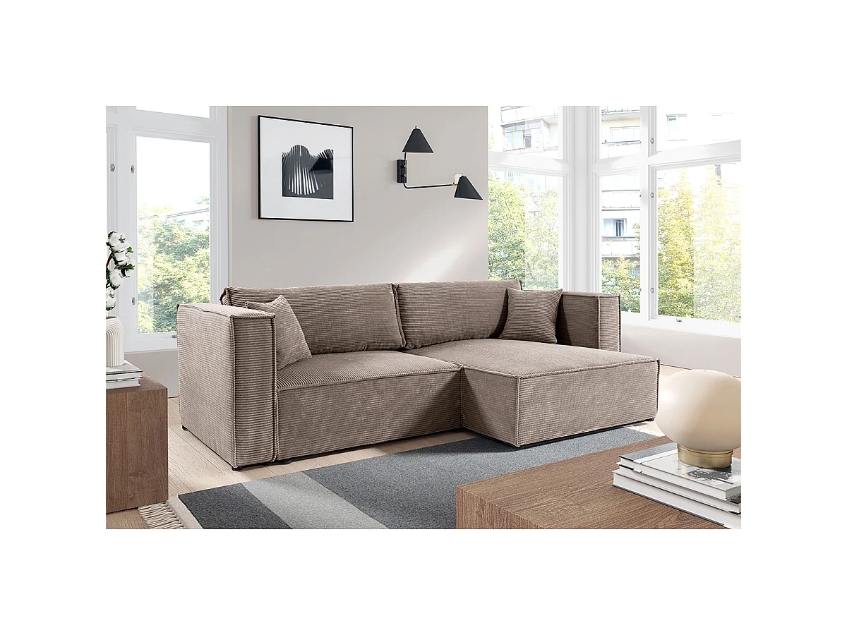 Canapé d'angle réversible convertible 3 places Jimmy velours côtelé Taupe