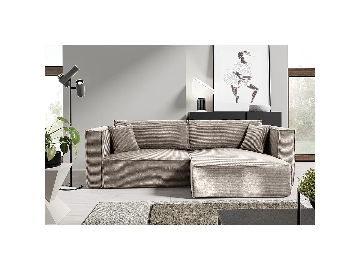Canapé d'angle réversible convertible 3 places Jimmy velours côtelé Taupe