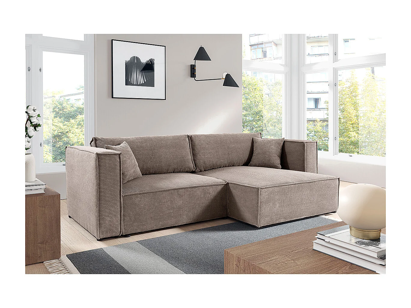 Canapé d'angle réversible convertible 3 places Jimmy velours côtelé Taupe