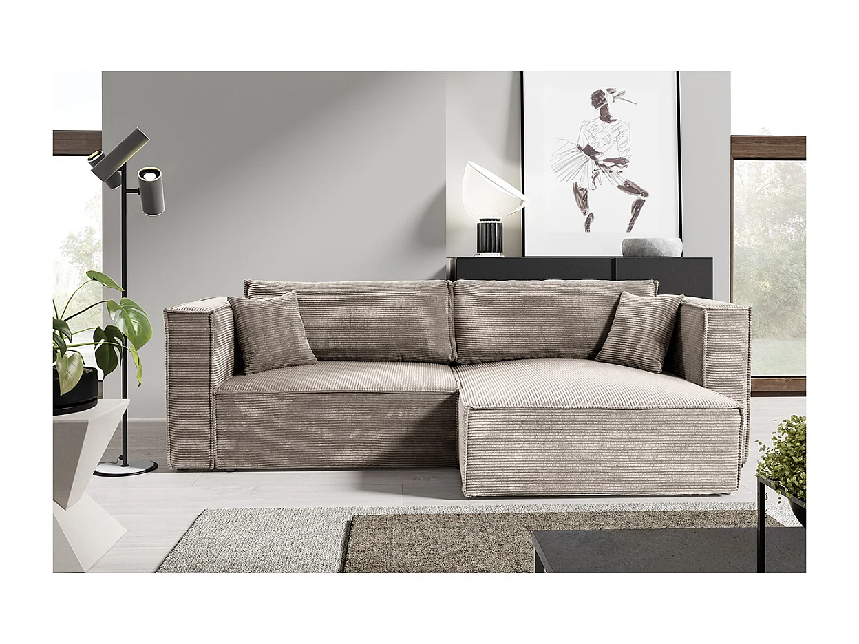 Canapé d'angle réversible convertible 3 places Jimmy velours côtelé Taupe