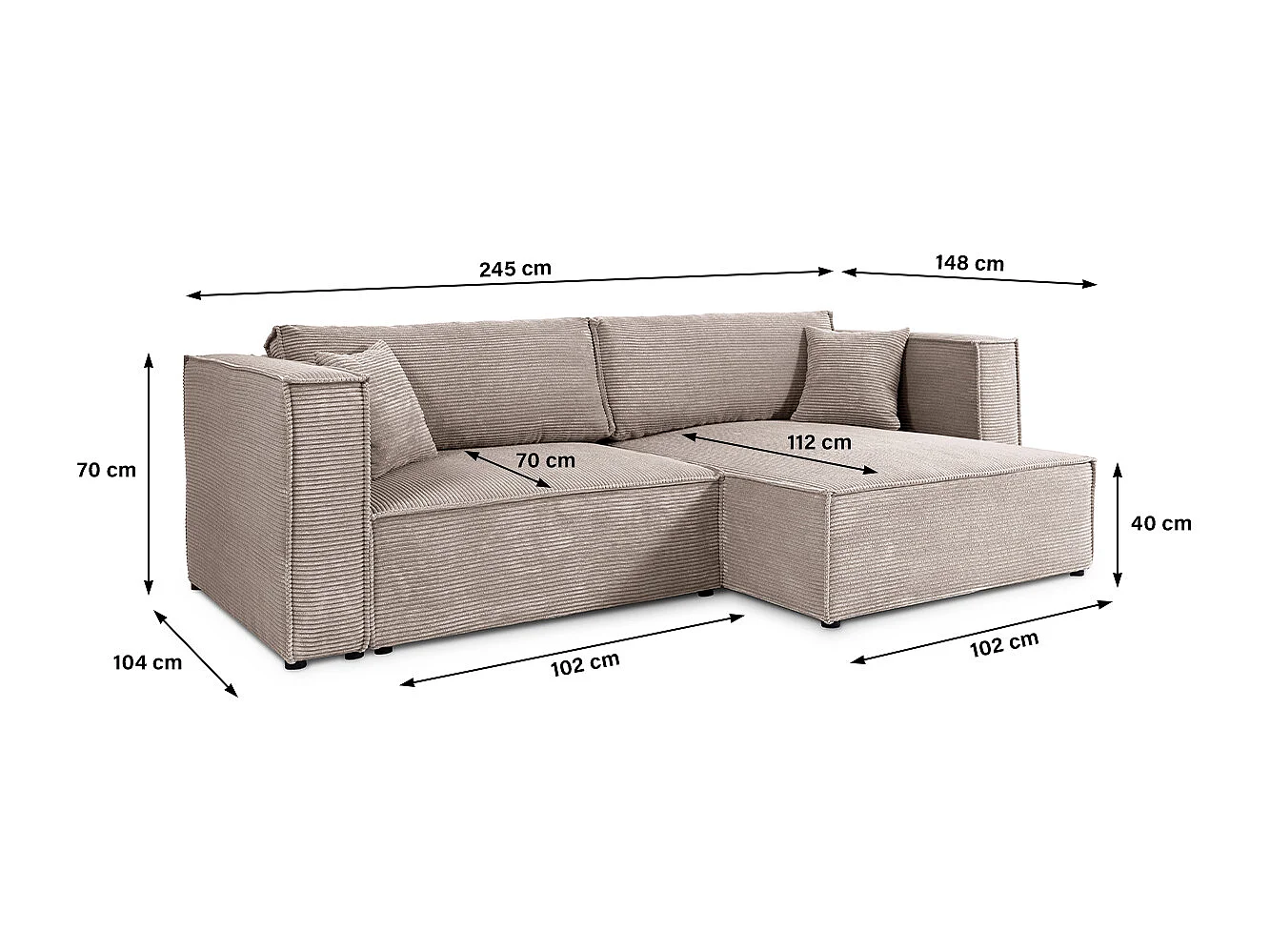 Canapé d'angle réversible convertible 3 places Jimmy velours côtelé Taupe