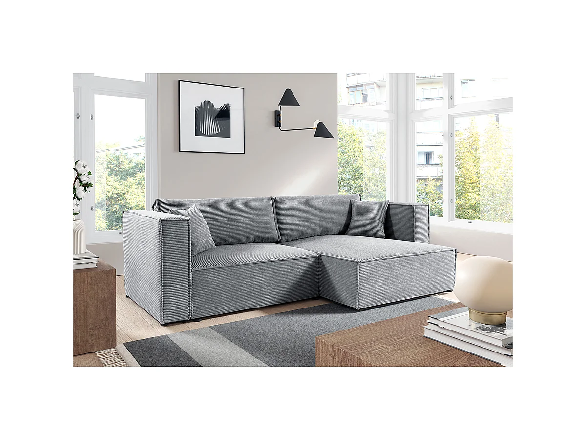 Canapé d'angle réversible convertible 3 places Jimmy velours côtelé Gris Clair