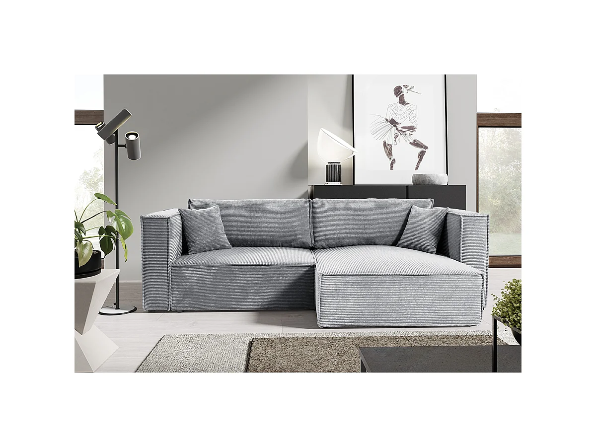 Canapé d'angle réversible convertible 3 places Jimmy velours côtelé Gris Clair