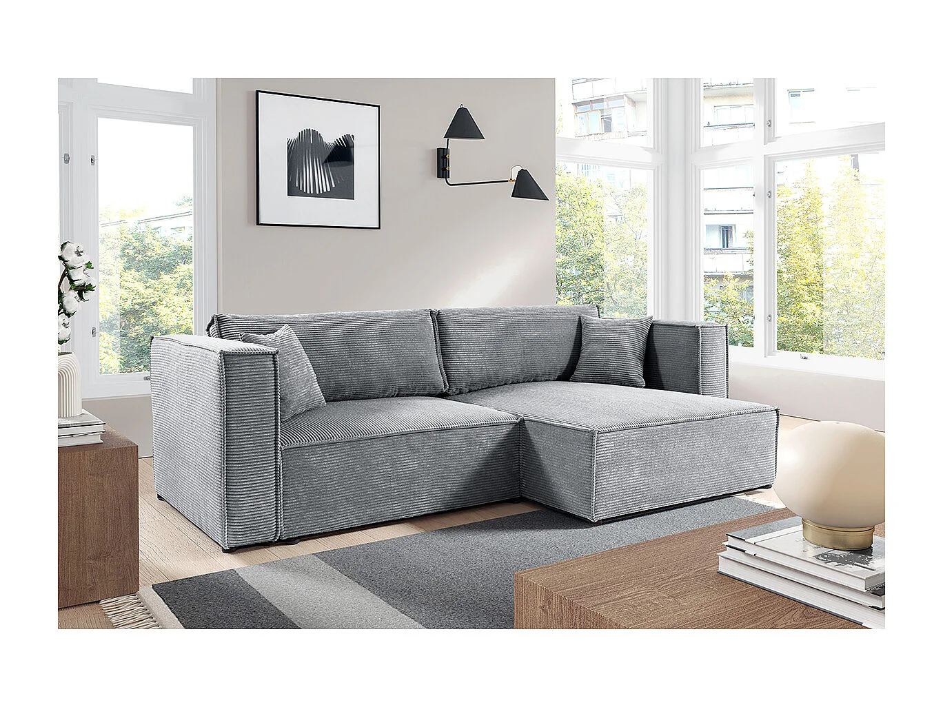 Canapé d'angle réversible convertible 3 places Jimmy velours côtelé Gris Clair