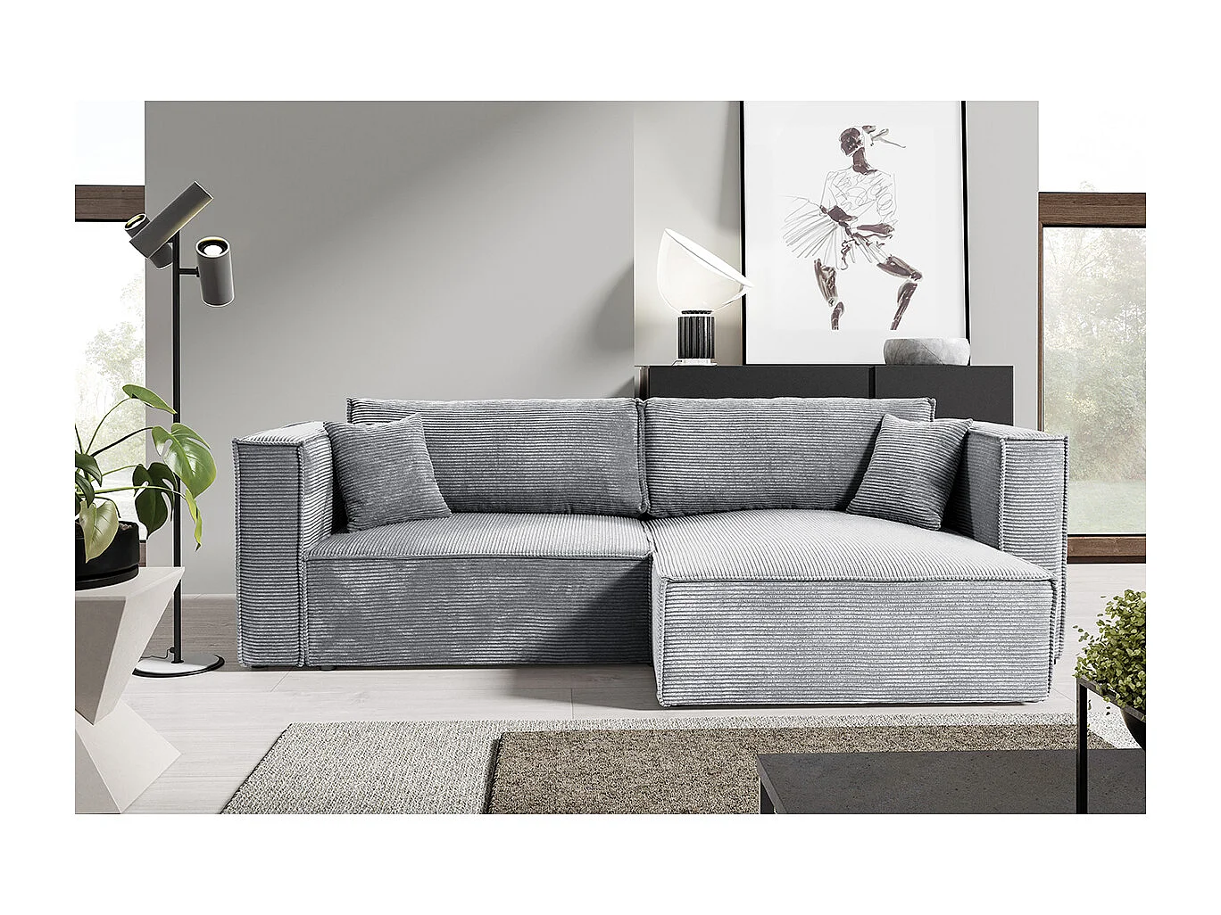Canapé d'angle réversible convertible 3 places Jimmy velours côtelé Gris Clair