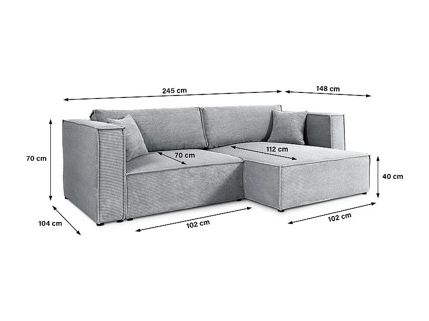 Canapé d'angle réversible convertible 3 places Jimmy velours côtelé Gris Clair