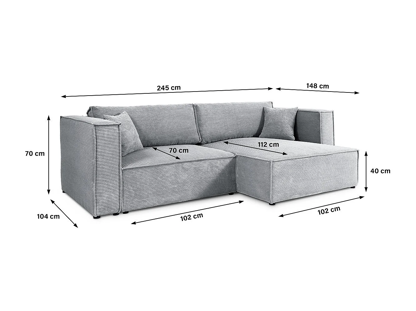 Canapé d'angle réversible convertible 3 places Jimmy velours côtelé Gris Clair