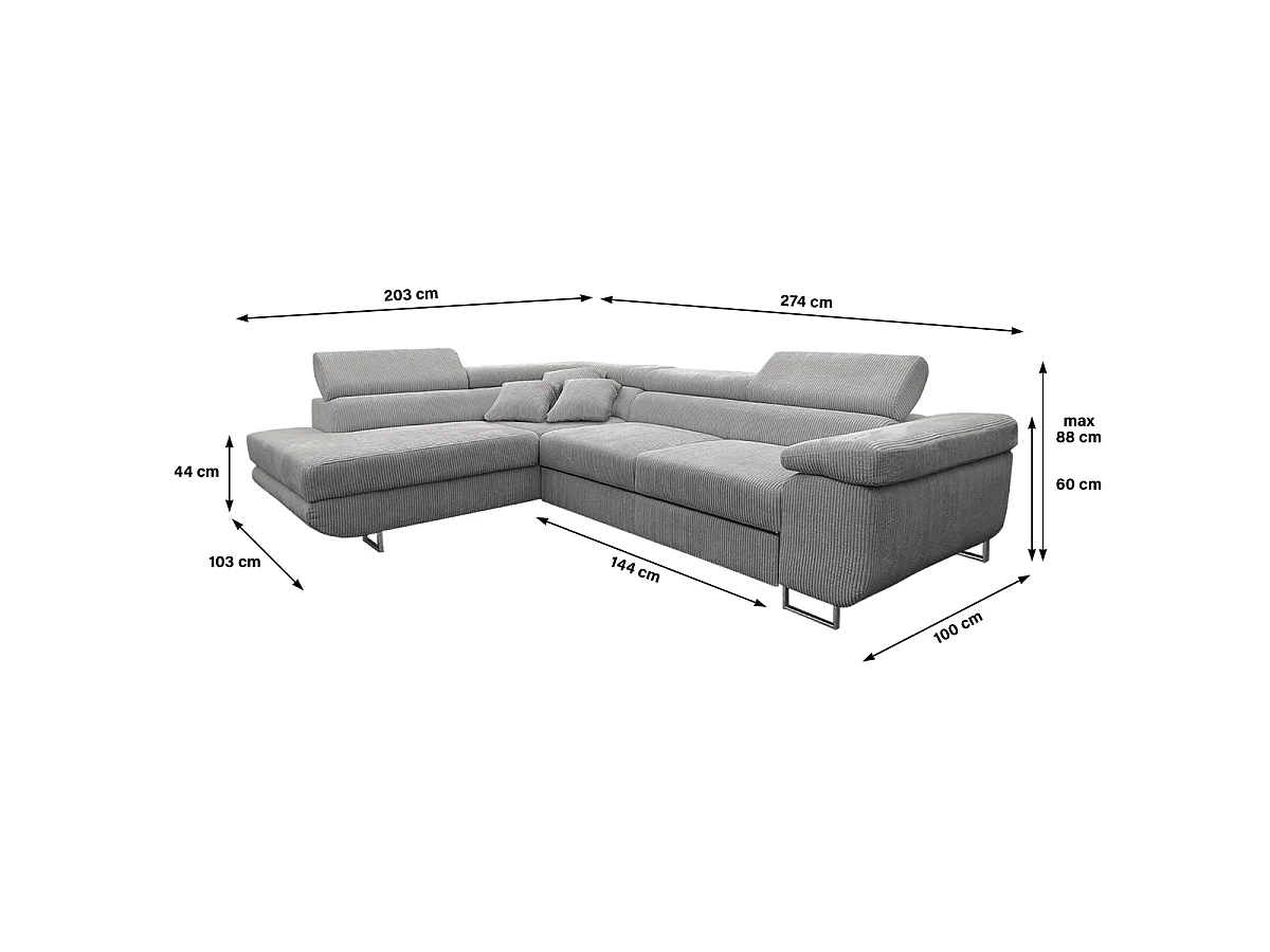 Canapé d'angle convertible gauche 4 places coffre Martin velours côtelé Gris Clair