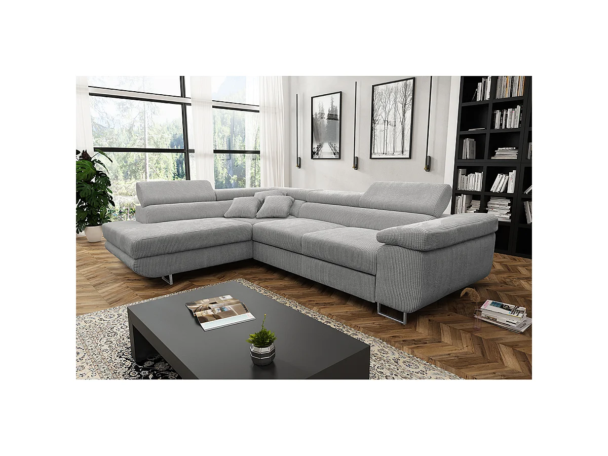 Canapé d'angle convertible gauche 4 places coffre Martin velours côtelé Gris Clair