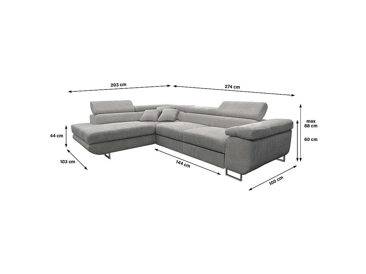 Canapé d'angle convertible 4 places avec coffre en velours gris clair
