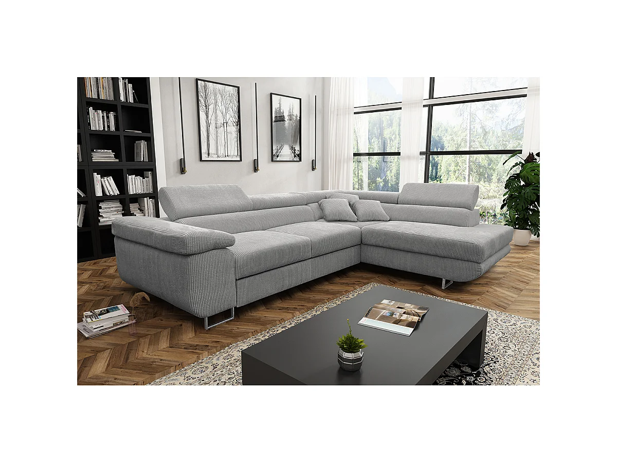 Canapé d'angle convertible droit 4 places coffre Martin velours côtelé Gris Clair