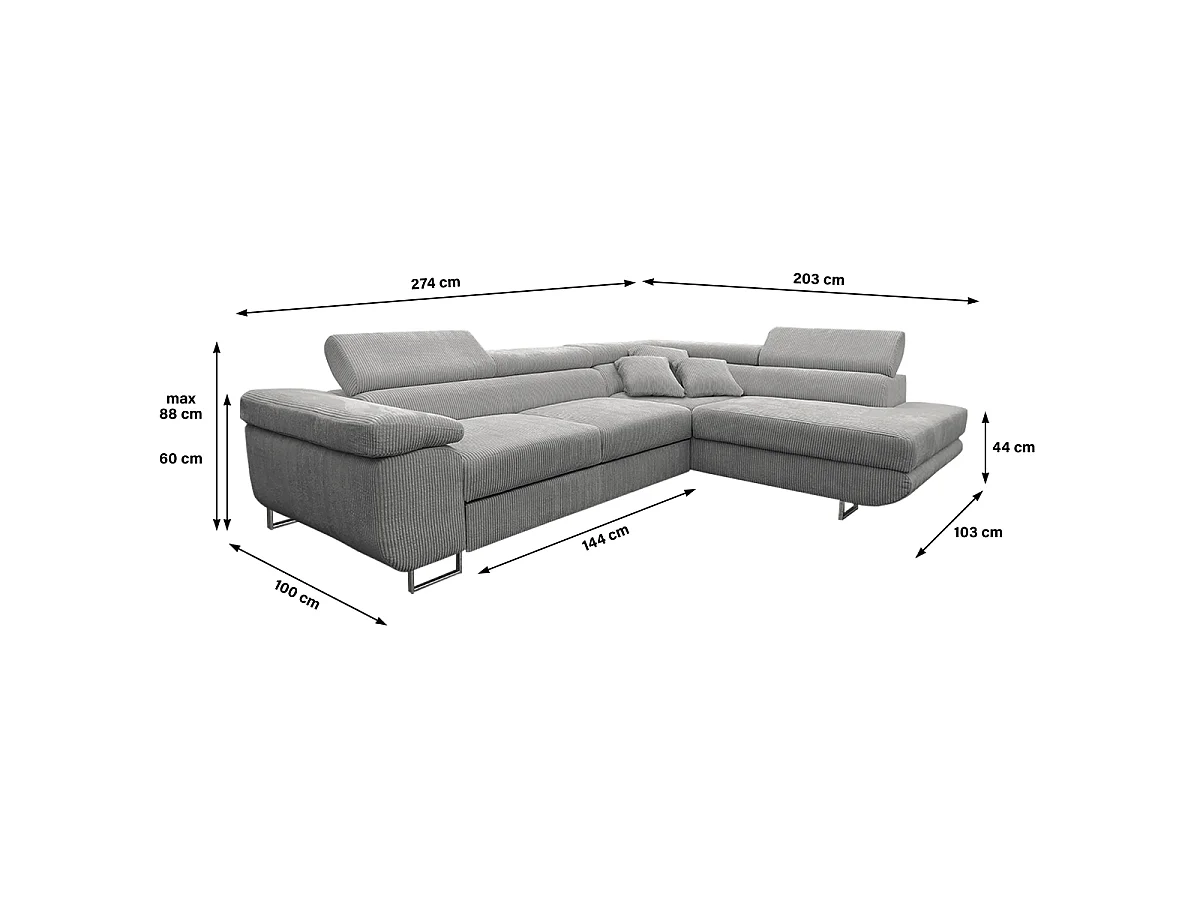 Canapé d'angle convertible droit 4 places coffre Martin velours côtelé Gris Clair