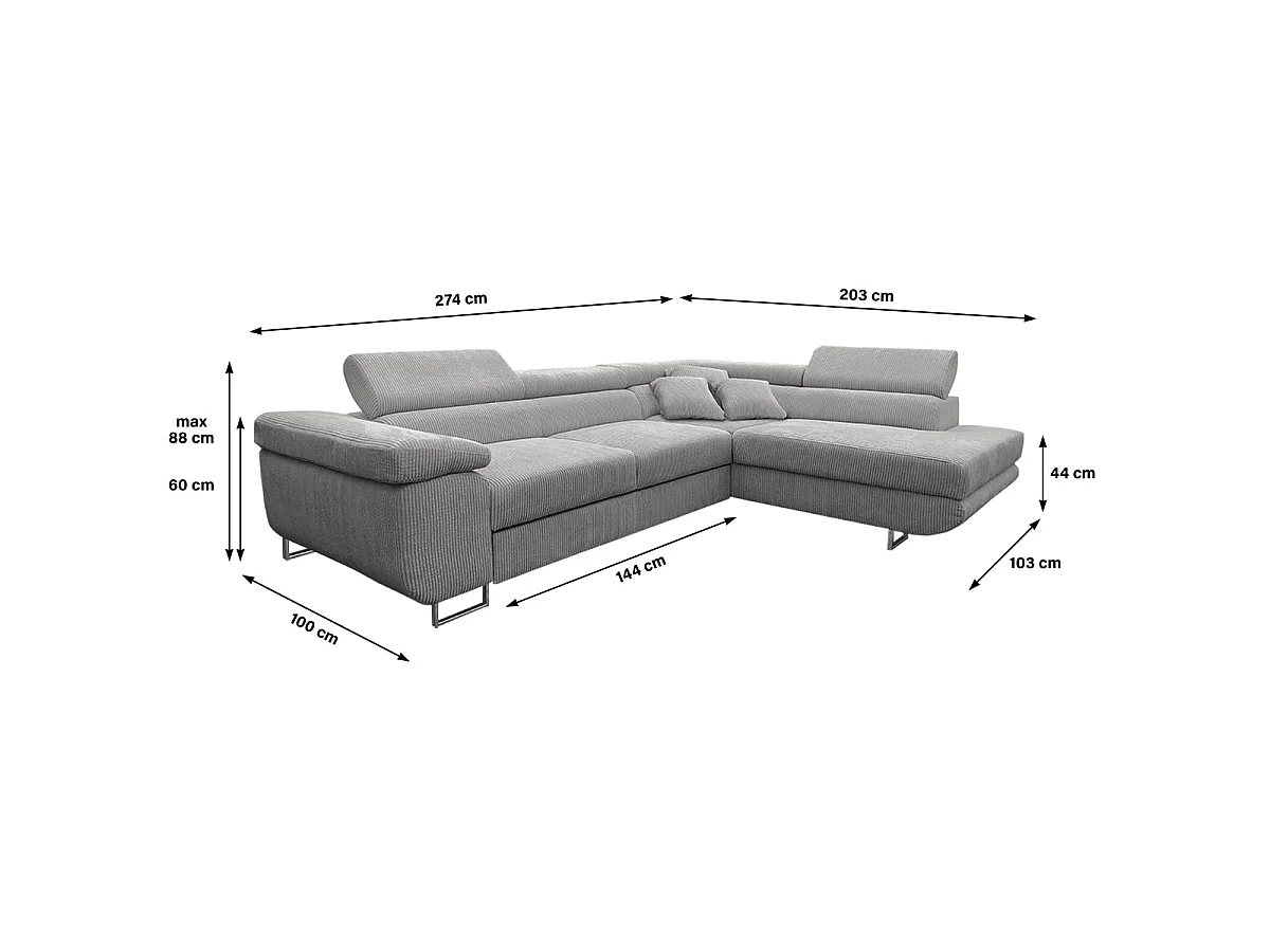 Canapé d'angle convertible 4 places avec coffre en velours gris clair