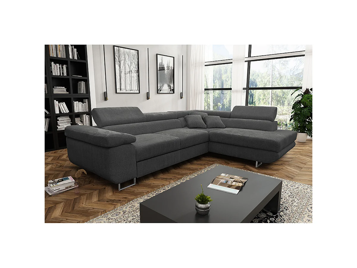 Canapé d'angle convertible droit 4 places coffre Martin velours côtelé Gris foncé