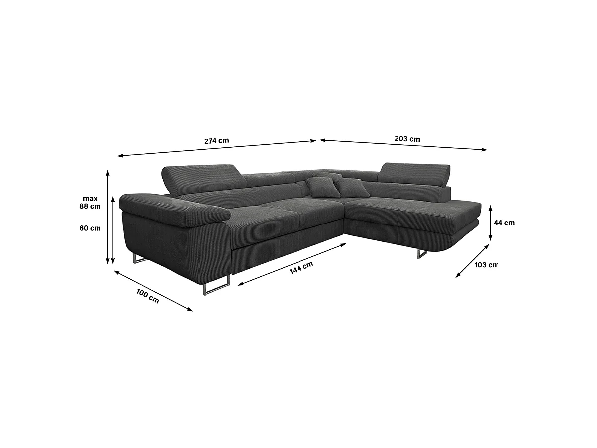Canapé d'angle convertible droit 4 places coffre Martin velours côtelé Gris foncé