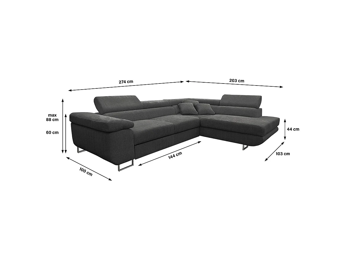 Canapé d'angle convertible 4 places avec coffre en velours gris foncé