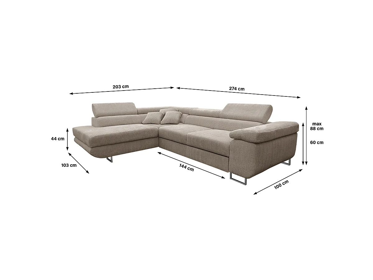 Canapé d'angle convertible gauche 4 places coffre Martin velours côtelé Taupe