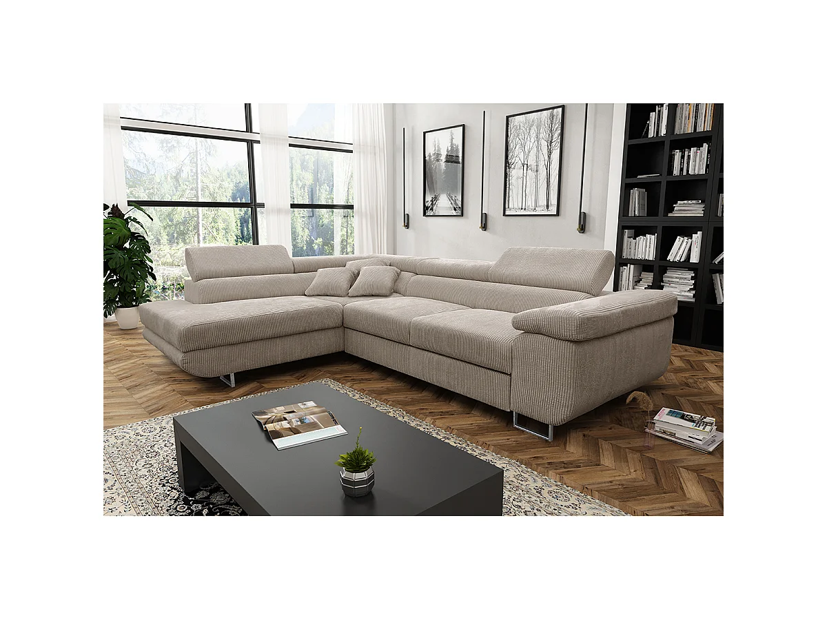 Canapé d'angle convertible gauche 4 places coffre Martin velours côtelé Taupe