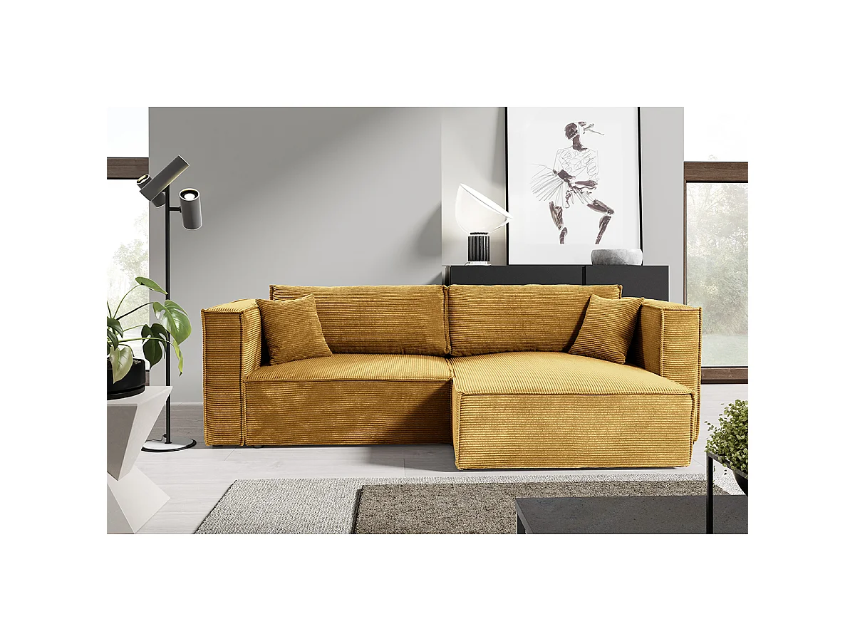 Canapé d'angle réversible convertible 3 places Jimmy velours côtelé Jaune