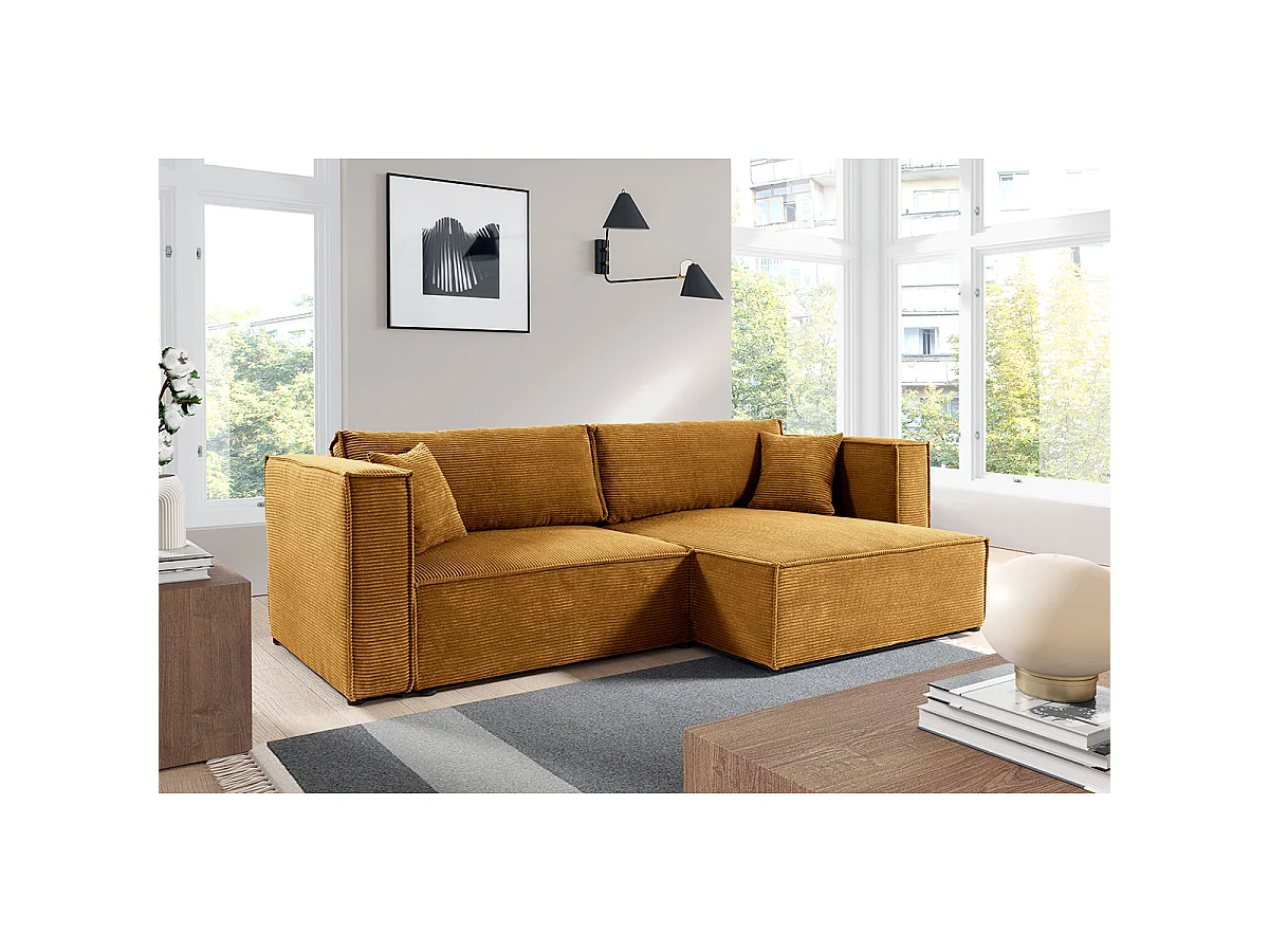 Canapé d'angle réversible convertible 3 places Jimmy velours côtelé Jaune