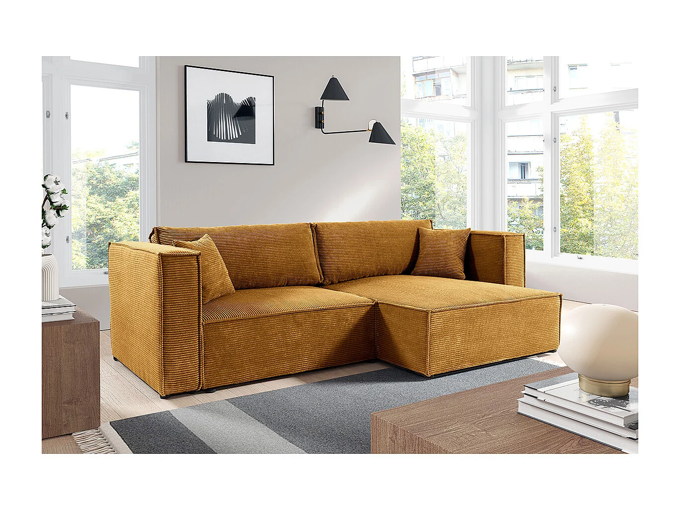 Canapé d'angle réversible convertible 3 places Jimmy velours côtelé Jaune