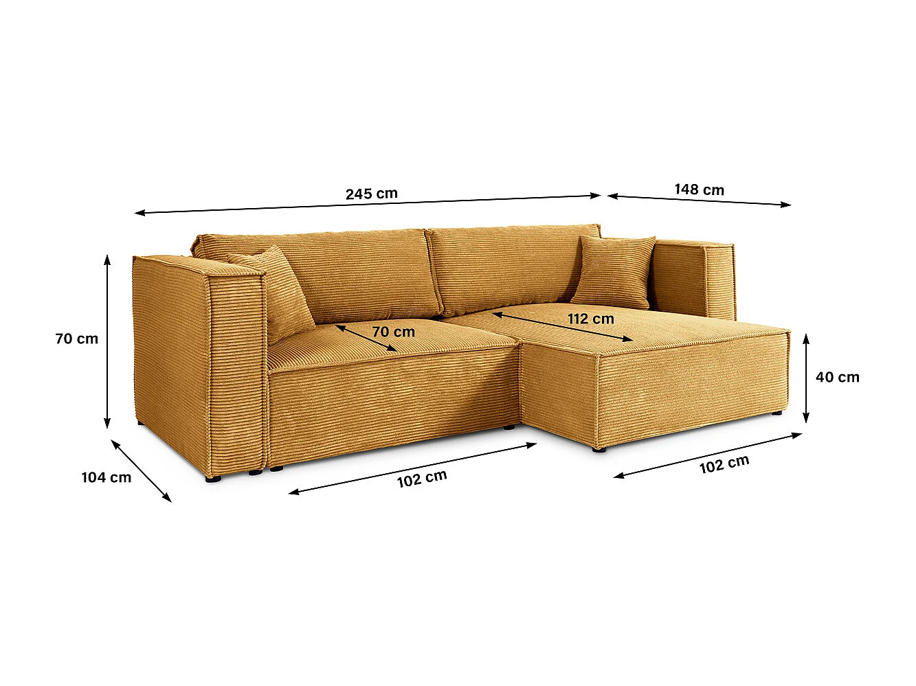 Canapé d'angle réversible convertible 3 places Jimmy velours côtelé Jaune