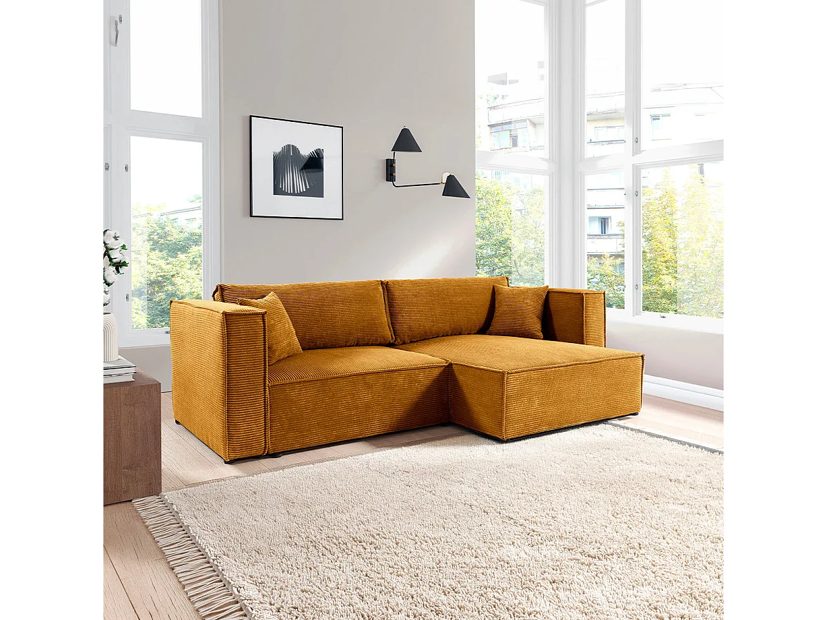 Canapé d'angle réversible convertible 3 places en velours jaune