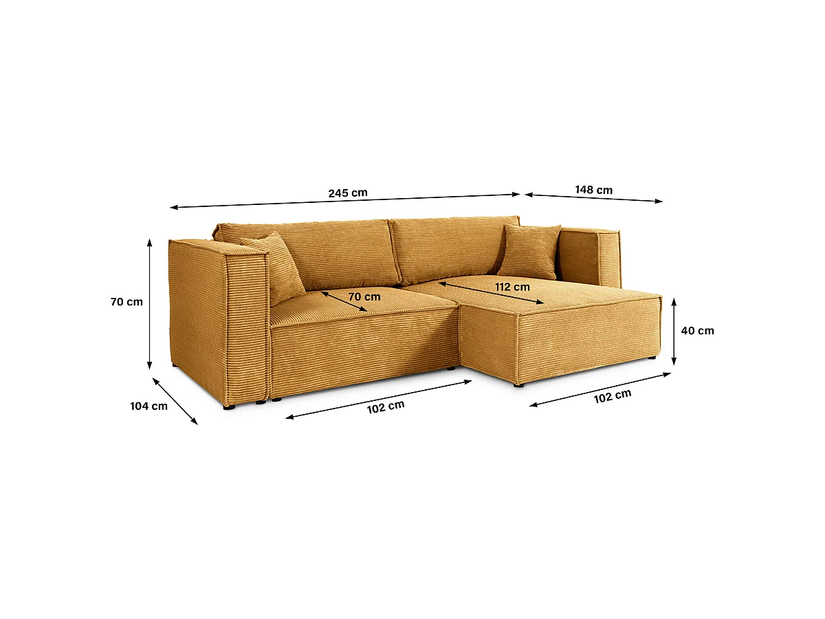 Canapé d'angle réversible convertible 3 places en velours jaune