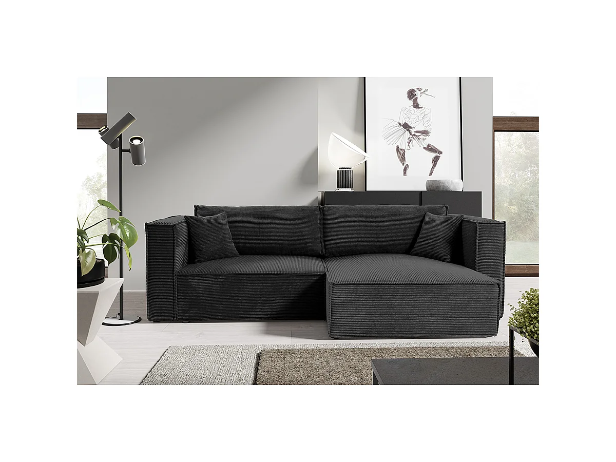 Canapé d'angle réversible convertible 3 places Jimmy velours côtelé Noir