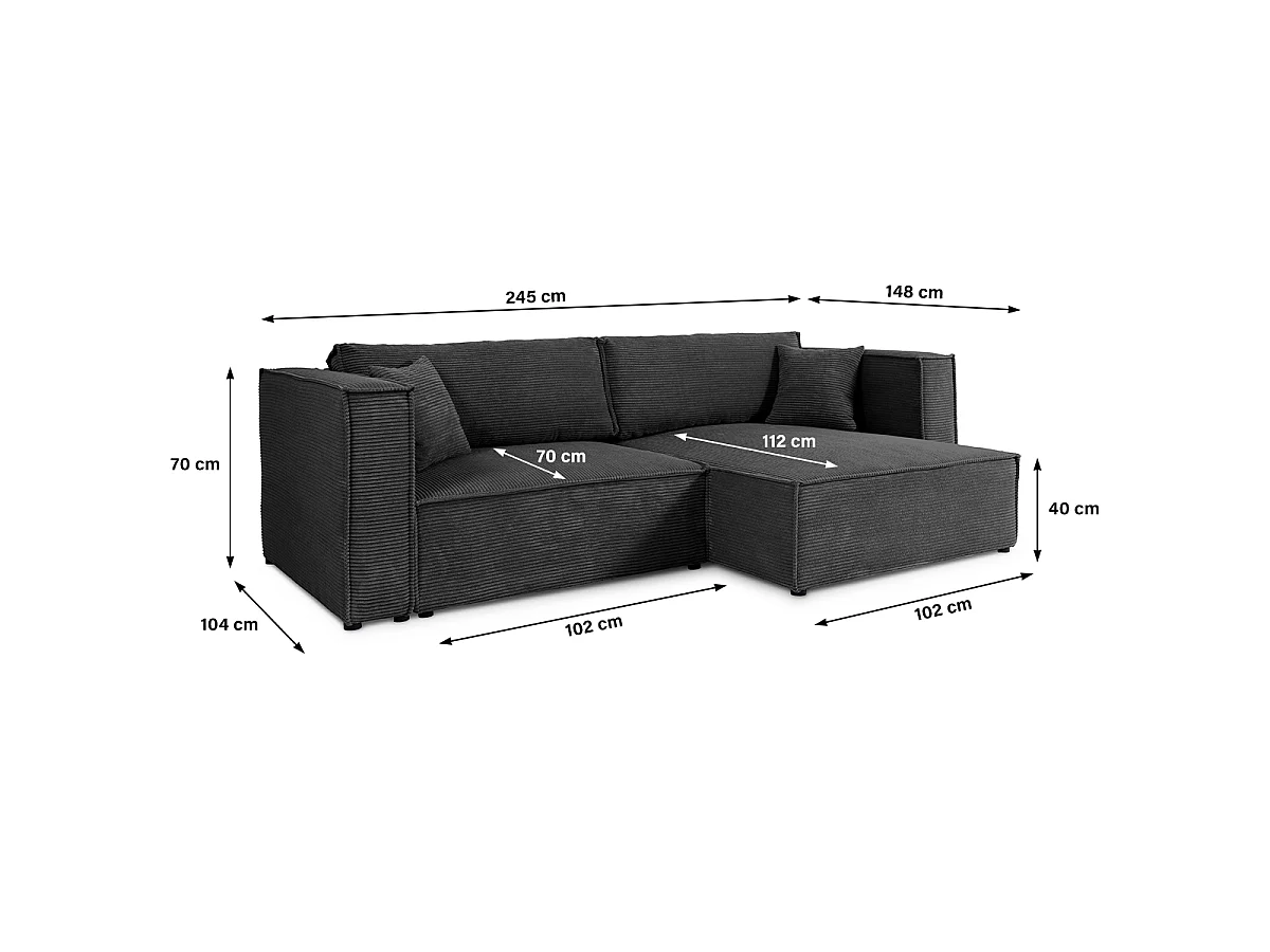 Canapé d'angle réversible convertible 3 places Jimmy velours côtelé Noir