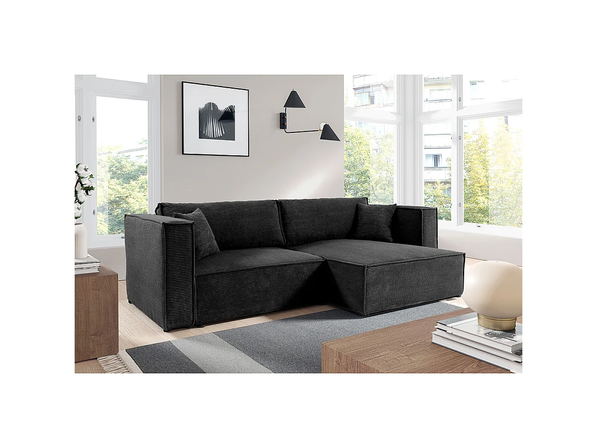 Canapé d'angle réversible convertible 3 places Jimmy velours côtelé Noir