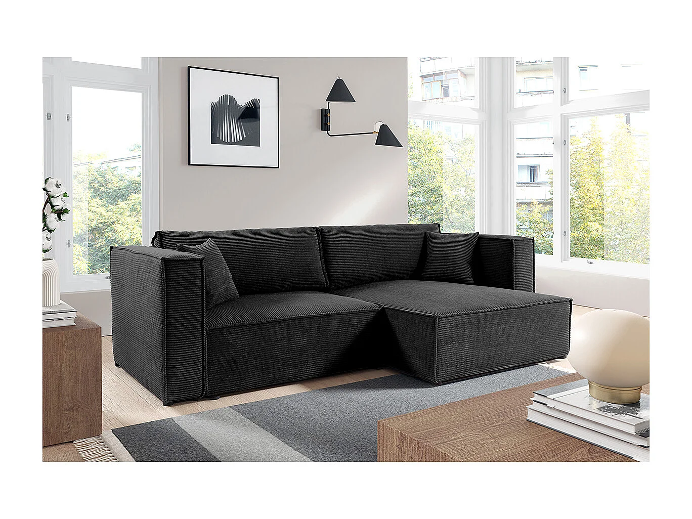 Canapé d'angle réversible convertible 3 places Jimmy velours côtelé Noir
