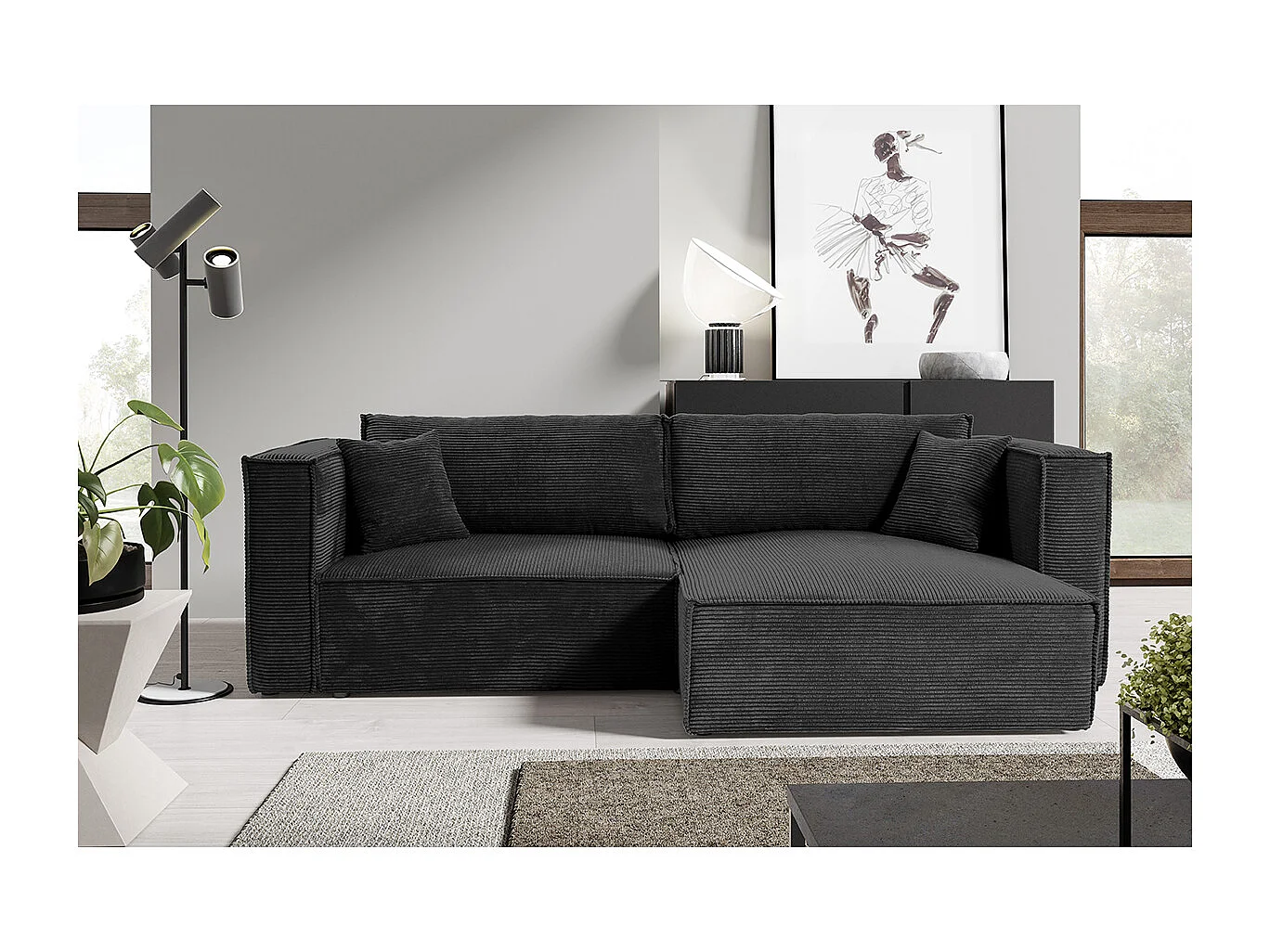 Canapé d'angle réversible convertible 3 places Jimmy velours côtelé Noir