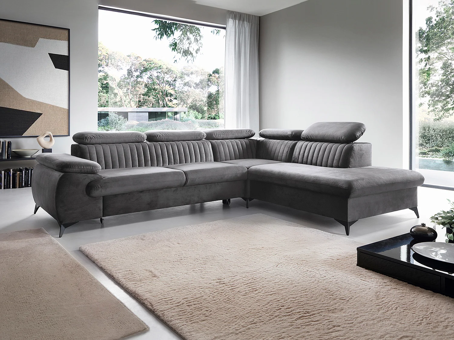 Canapé grand angle droit convertible en velours gris anthracite SAMARA de Pascal Morabito