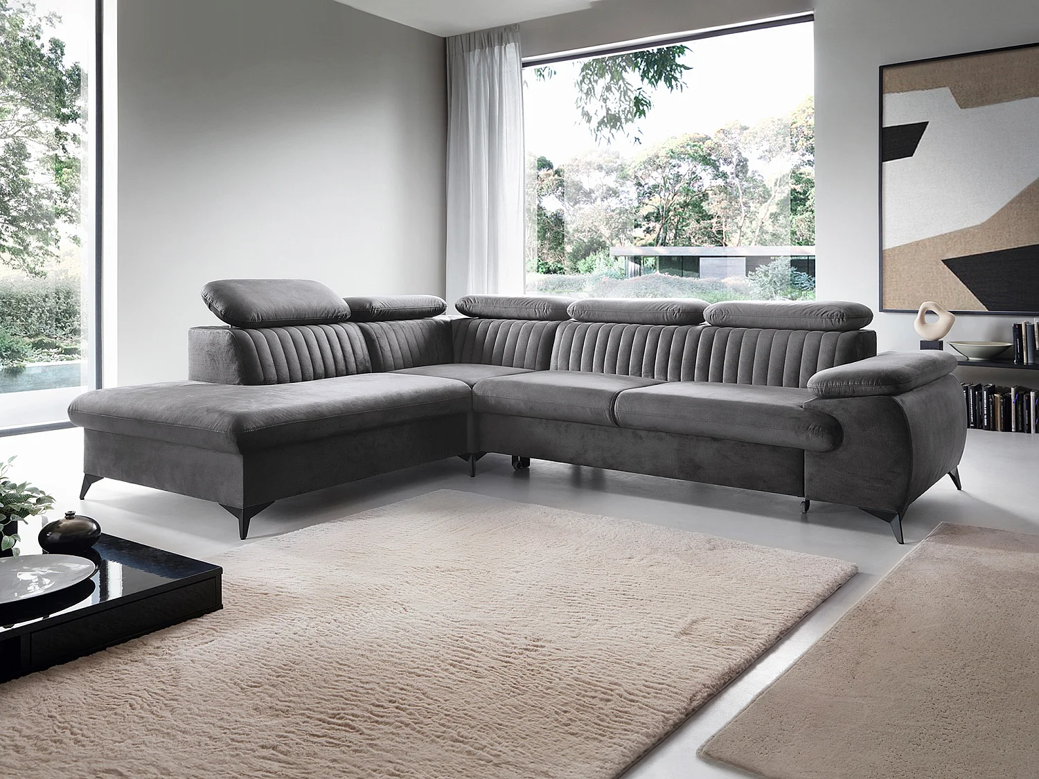 Canapé grand angle gauche convertible en velours gris anthracite SAMARA de Pascal Morabito