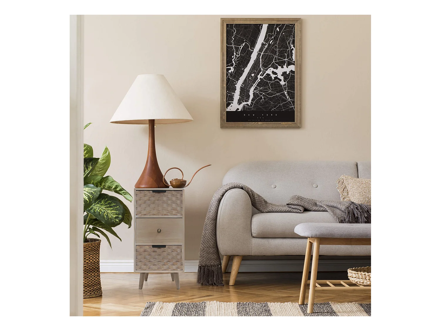 Table de Chevet Étroite en Bois avec 3 Tiroirs Marron Gain de Place