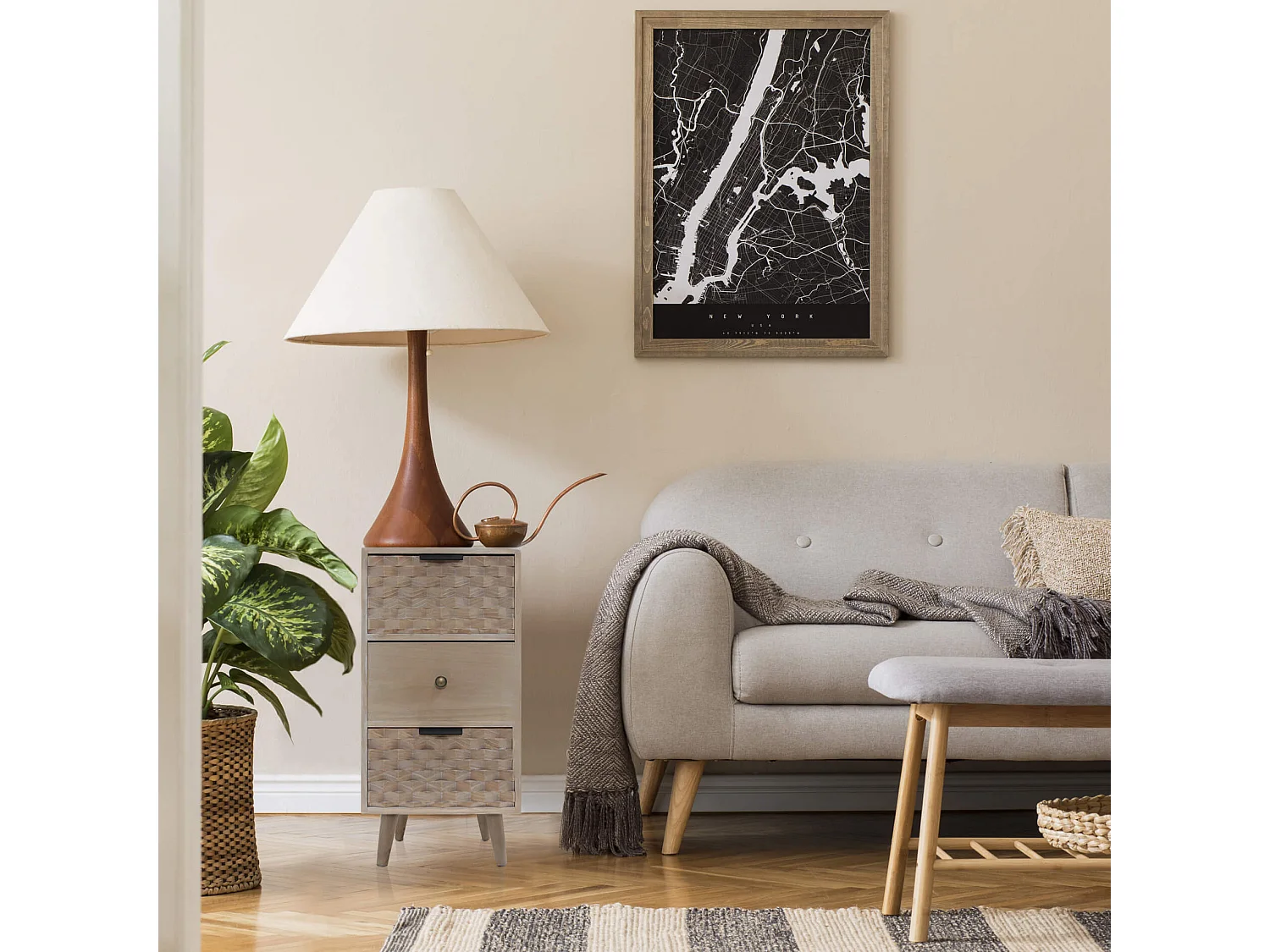 Table de Chevet Étroite en Bois avec 3 Tiroirs Marron Gain de Place