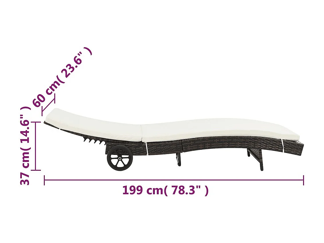 Tumbona tumbona para tomar el sol cama de jardín terraza muebles de exterior con ruedas y cojín de resina tejida marrón 02_0012594