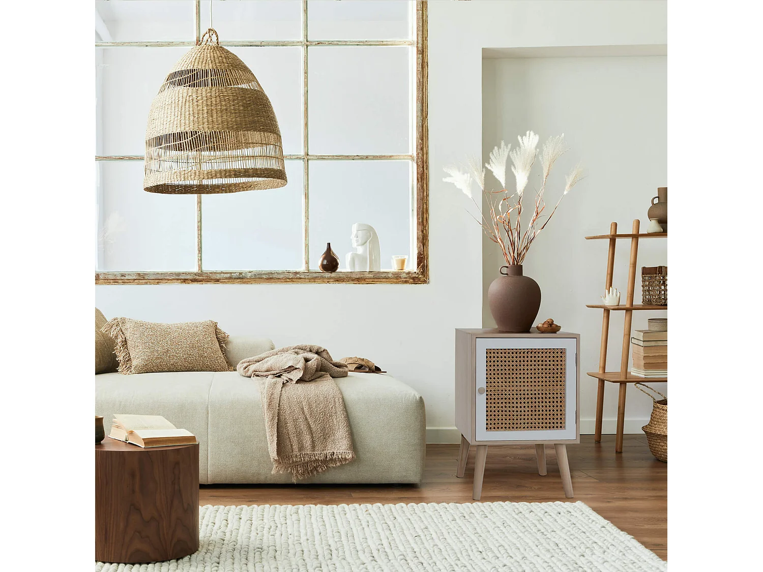 Petite Table de Chevet avec 1 Porte Bois Naturel Blanc Marron Style Boho