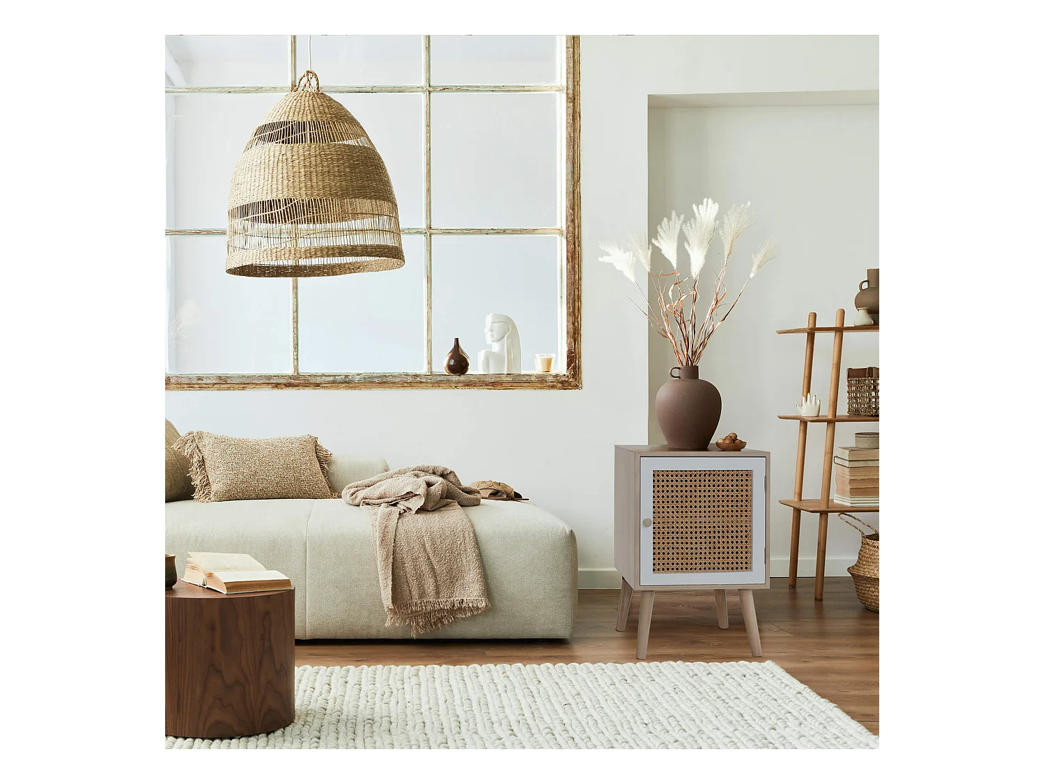 Petite Table de Chevet avec 1 Porte Bois Naturel Blanc Marron Style Boho