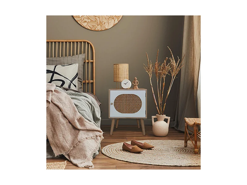 Table de Chevet Scandinave en Bois avec 1 Porte Blanc Marron Gain de Place