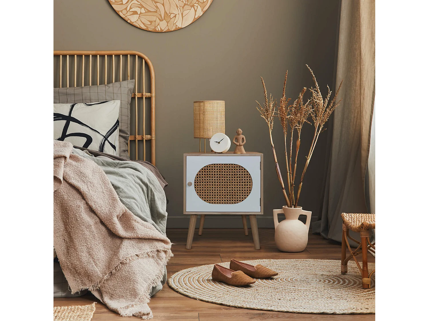 Table de Chevet Scandinave en Bois avec 1 Porte Blanc Marron Gain de Place